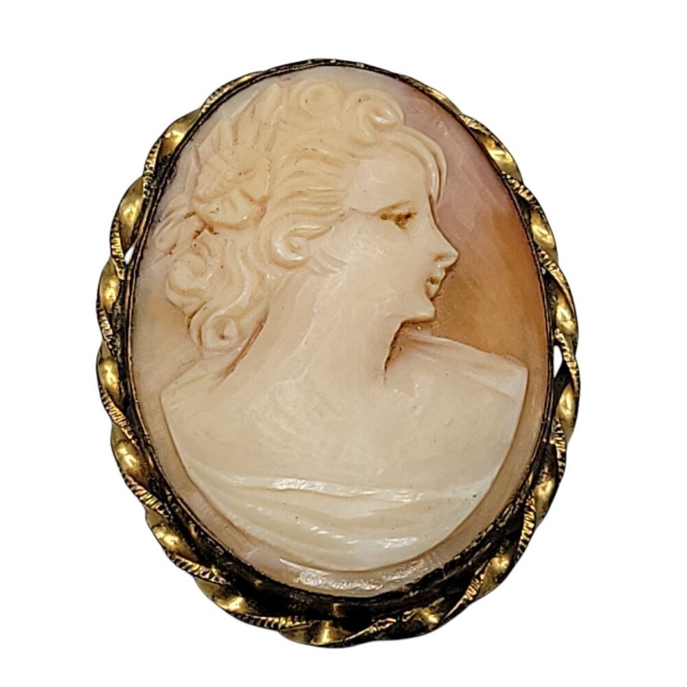 Marbro Carved Cameo 12kgf Brooch Pendant Vintage Curly Hair Pink White Shell